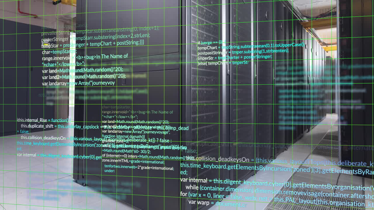 animación de lenguaje informático multicolor sobre la sala del servidor de datos