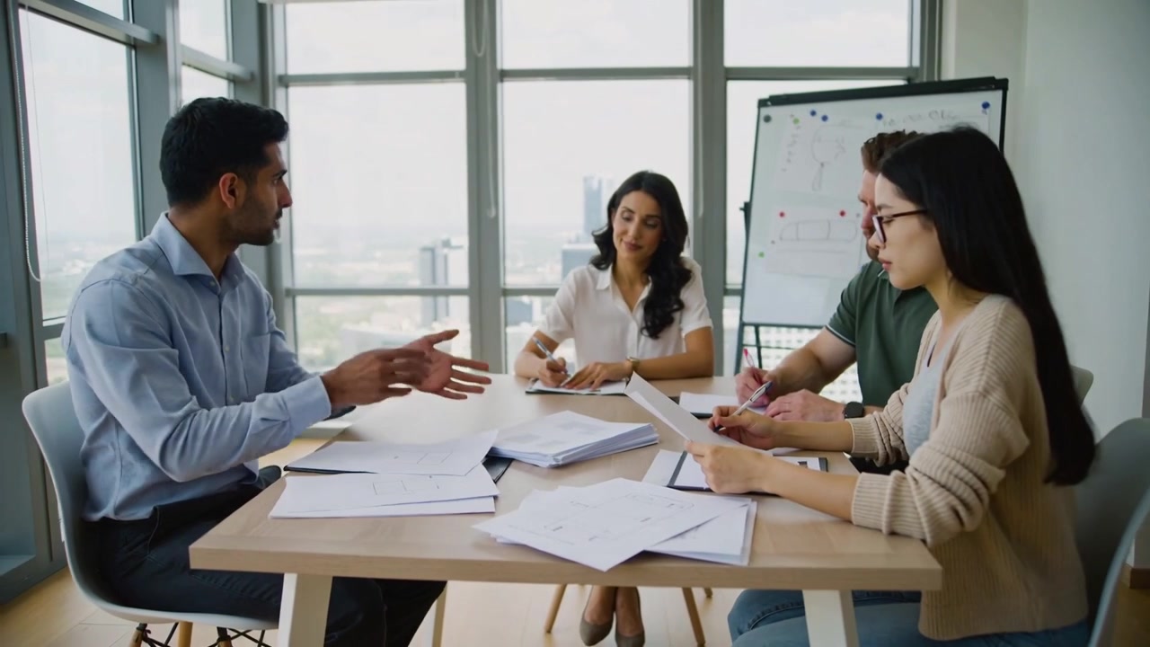 Homem à esquerda organizando e alcançando pilhas no escritório, enquanto a equipe de negócios lê e marca papéis para o projeto.