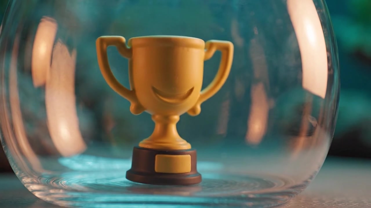 A gleaming yellow trophy sits in a glass dome, representing achievement and success, surrounded by a serene background that enhances its vibrant colors.