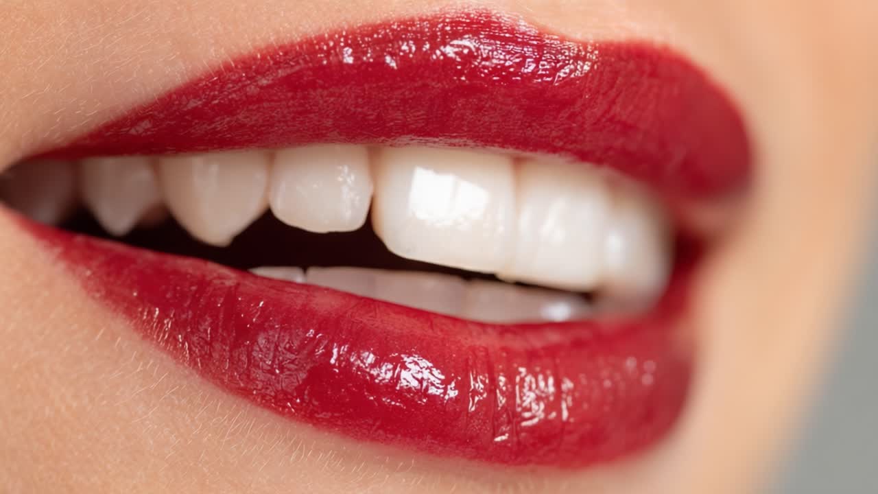 Accattivante primo piano di labbra rosse lucide che mostrano denti bianchissimi, esaltando perfettamente bellezza ed eleganza in un ritratto intimo