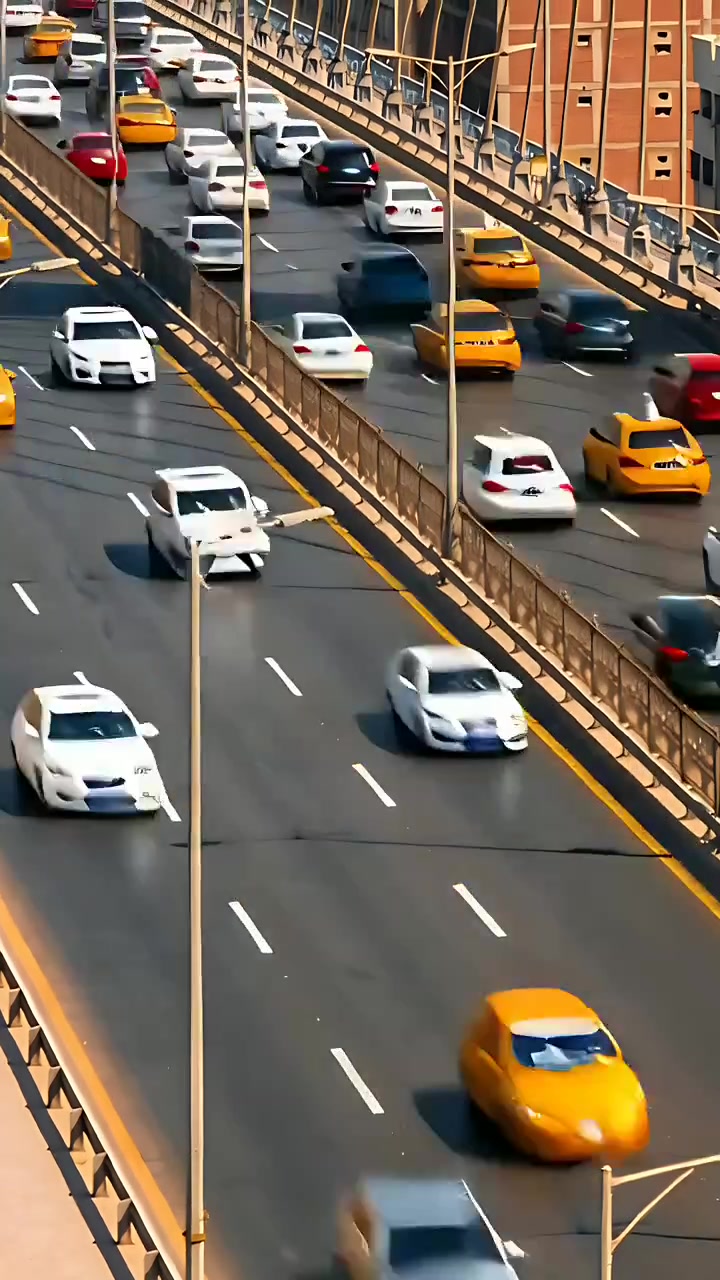 Video verticale: Traffico autostradale scorrevole che segue il flusso, cambiando corsia su un cavalcavia, con taxi gialli.