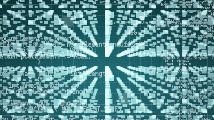 Computer folders, scrolling data and circuit board padlock on a blue background