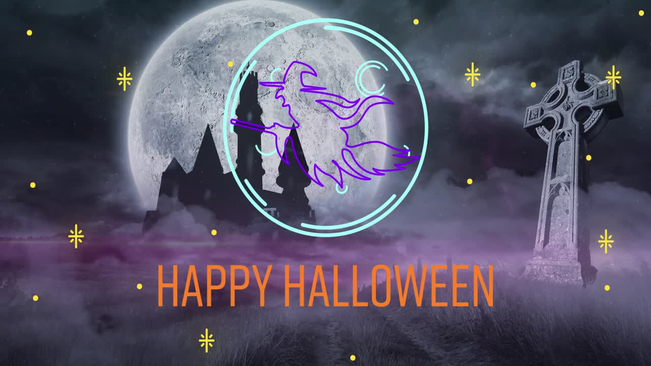 ⁇ 에 네온 마녀와 함께 행복한 할로윈 텍스트의 애니메이션