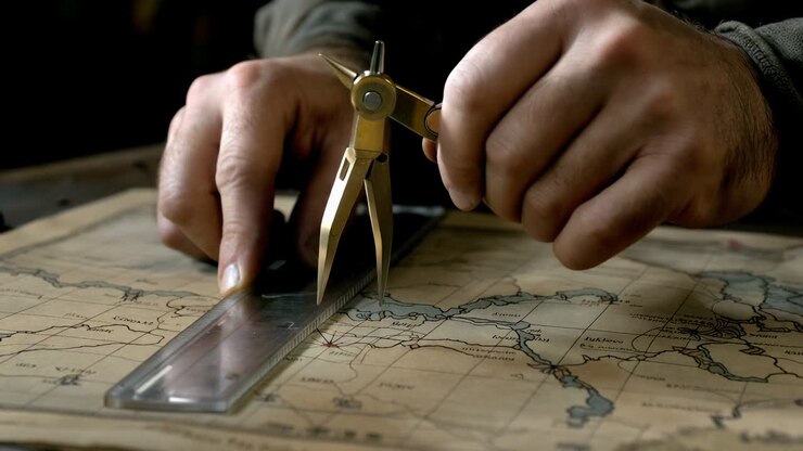 Placing clear ruler, hands in khaki sleeve adjusting brass compass pivot on map, measuring range