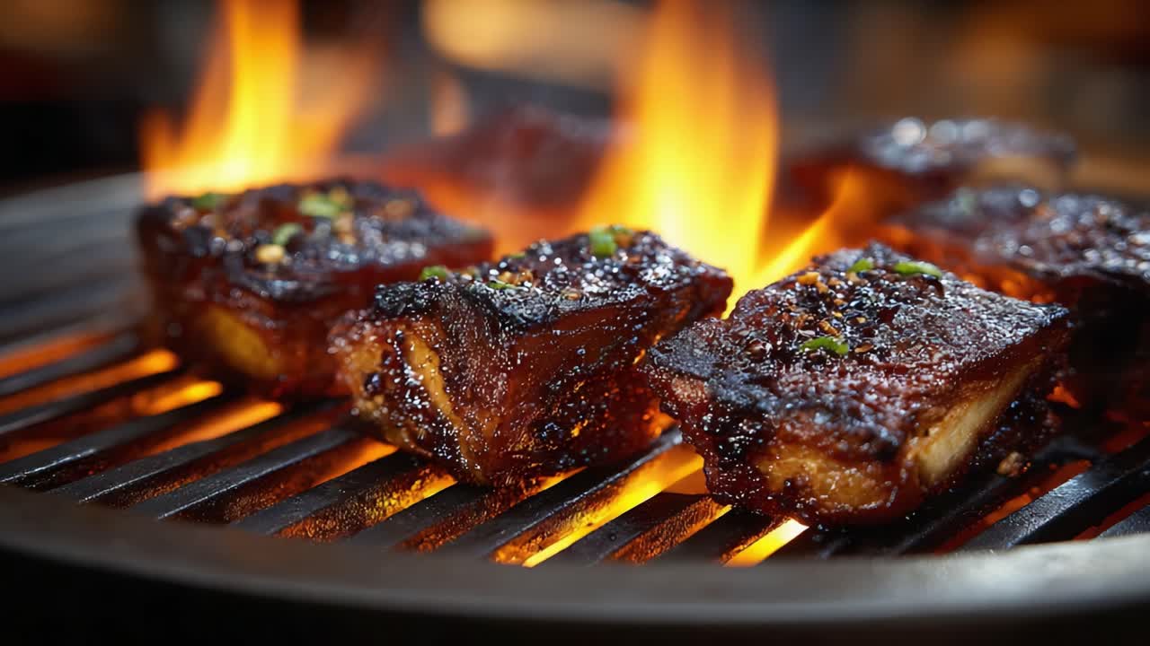 Deliciously Grilled Pork Belly Chunks Caramelizing Over High Flames, Glimmering With Spices and Aromatics in a Flavorful Barbecue Feast Awaiting Enjoyment