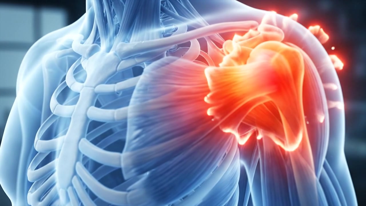 Animazione medica 3D del dolore e dell'infiammazione all'articolazione della spalla umana