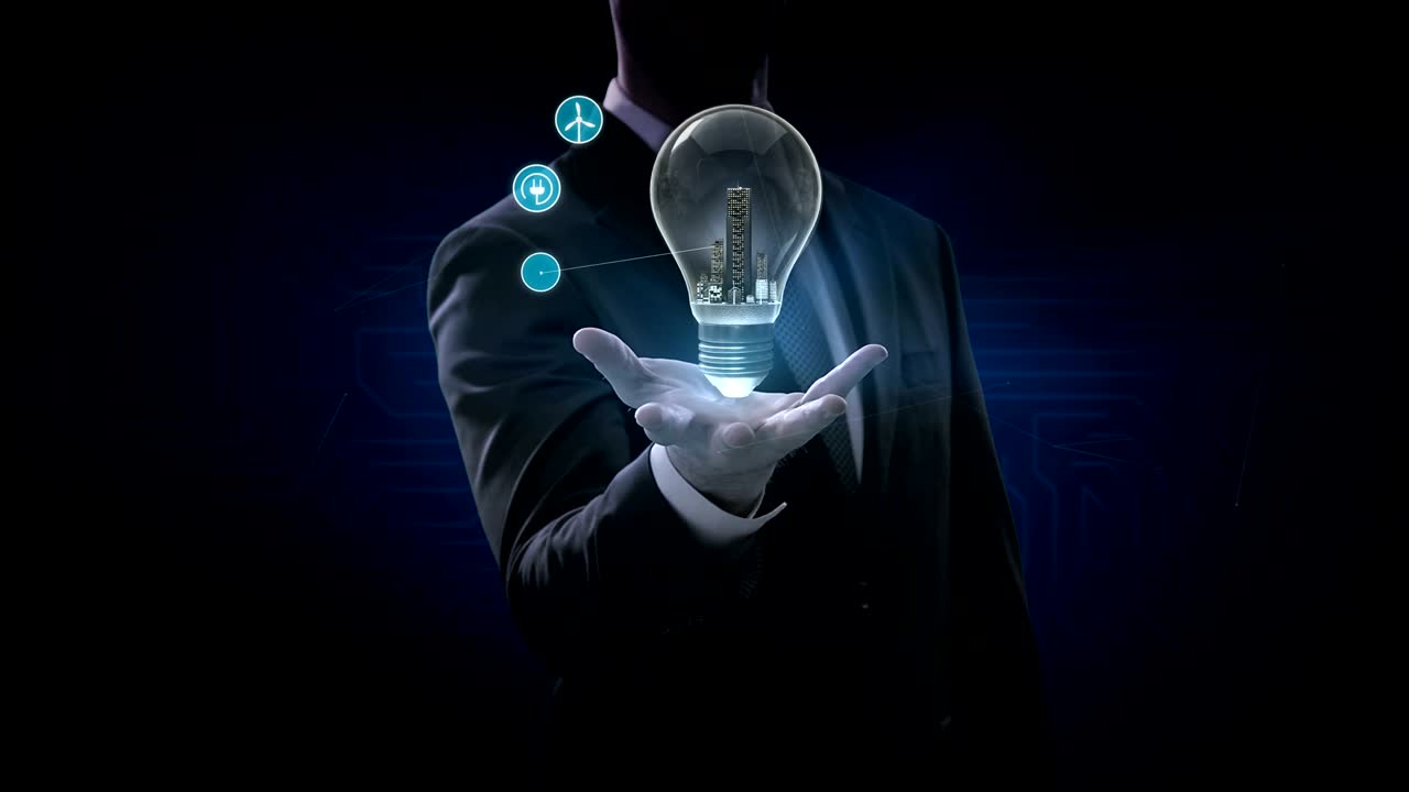 Businessman opens palm, Energy efficiency city in light Bulb and various energy saving icon. IoT Smart city