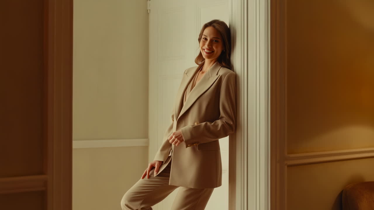 Mulher de terno posando perto de uma porta