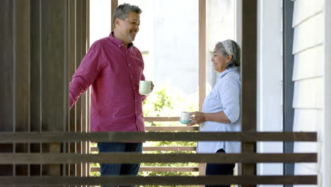 happy biracial senior couple standing in window, talking and drinking tea