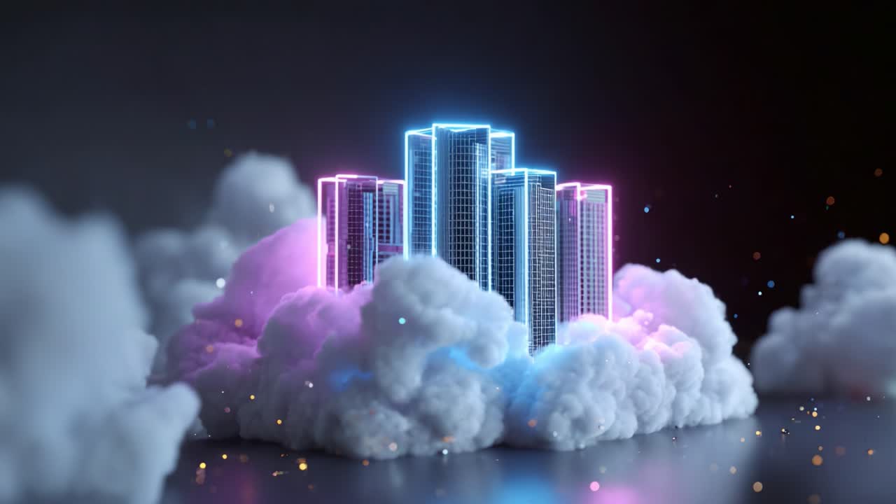 Paesaggio urbano futuristico che emerge dalle nuvole con luci al neon: una splendida illustrazione di architettura moderna trasformata visivamente in un paesaggio da sogno