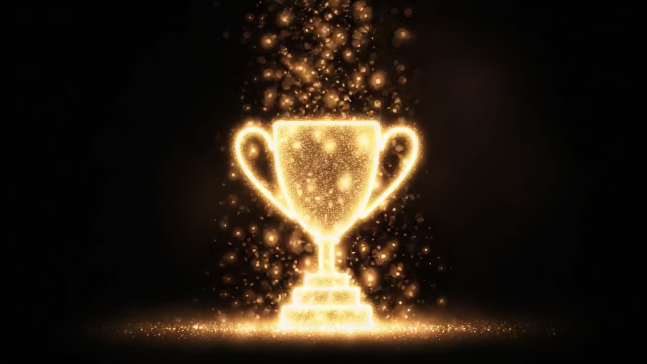 A Beautifully Crafted Sparkling Golden Trophy Emanating Glimmering Particles, Signifying Achievement and Celebration in an Enchanting Dark Environment
