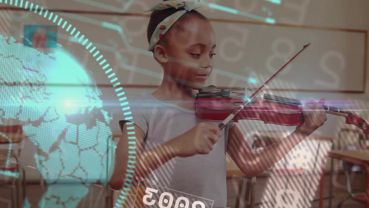 Girl bringing bow across violin and activating globe with numeric codes overlay for music education