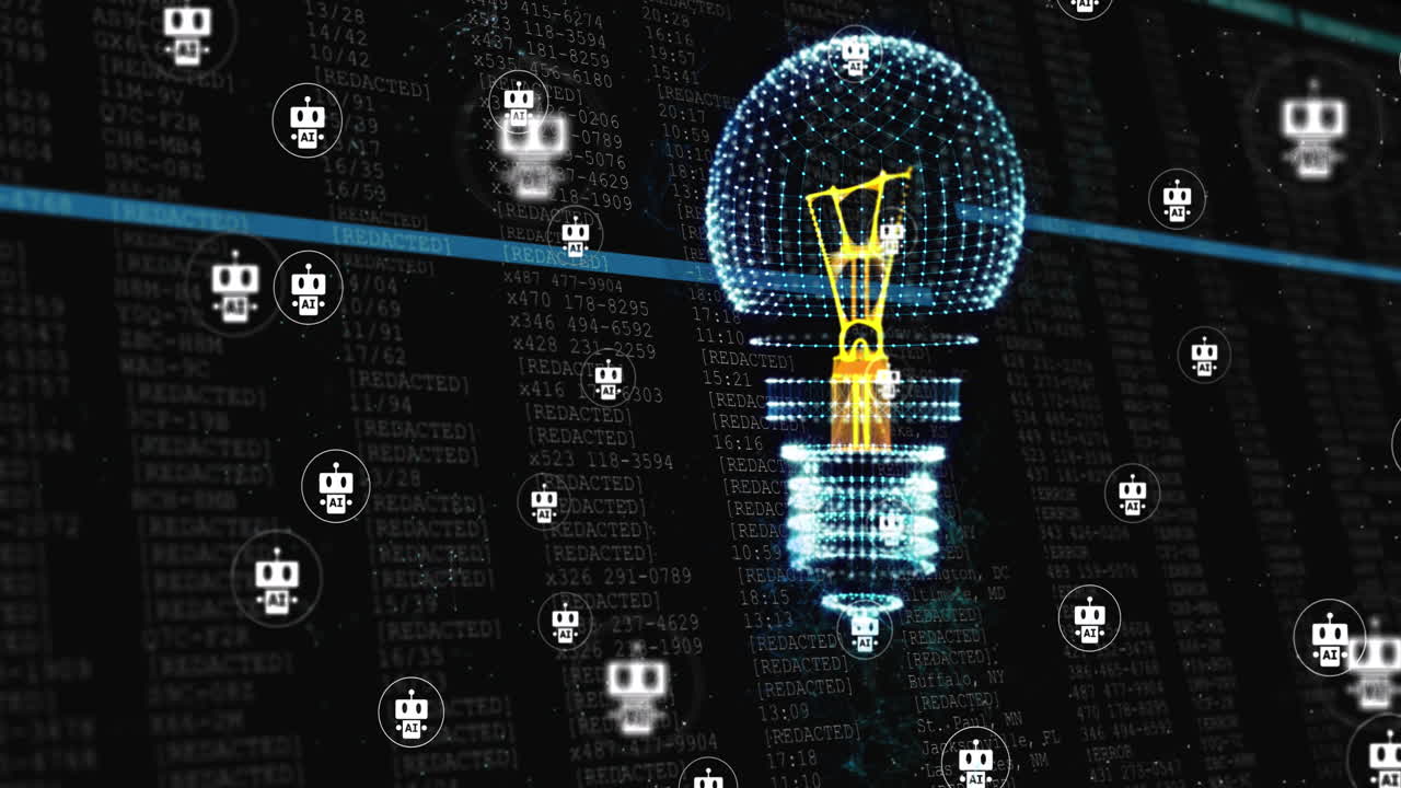 Animation of light bulb, connections with chatbot icons and data processing