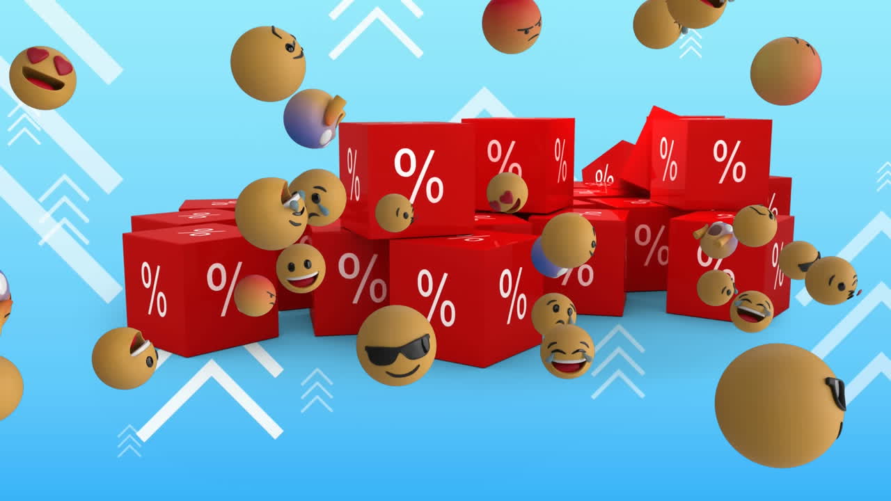 animación digital de varios emojis de cara flotando sobre el signo de porcentaje en múltiples bloques rojos