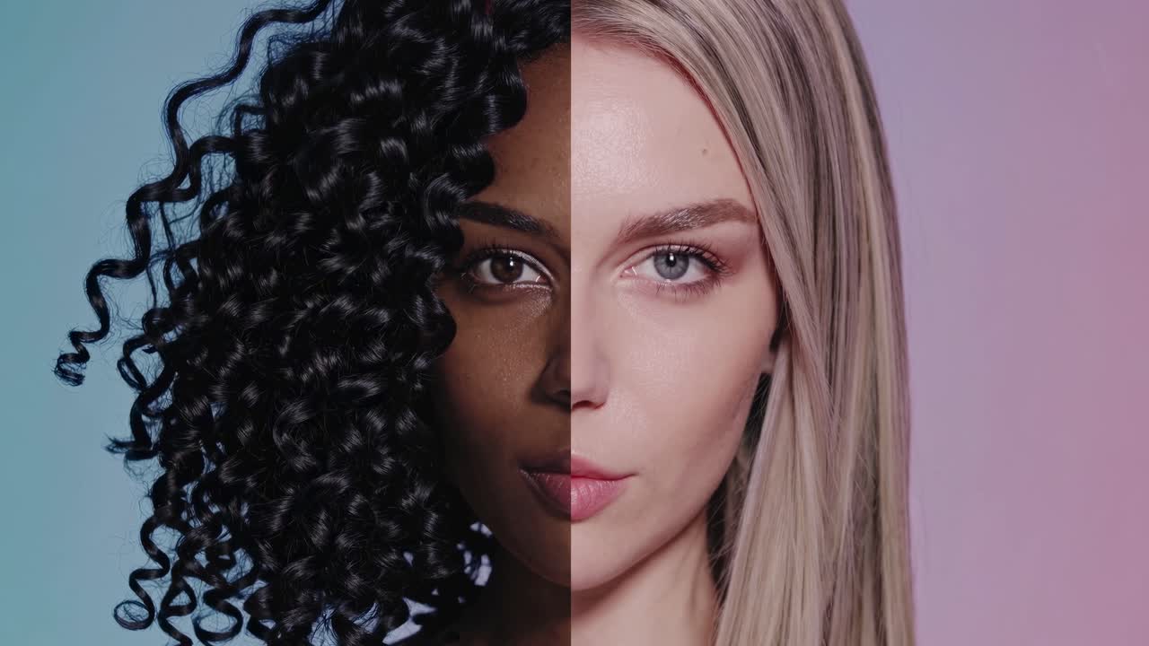 Video a schermo diviso che mostra standard di bellezza contrastanti con un angolo ravvicinato; un lato presenta