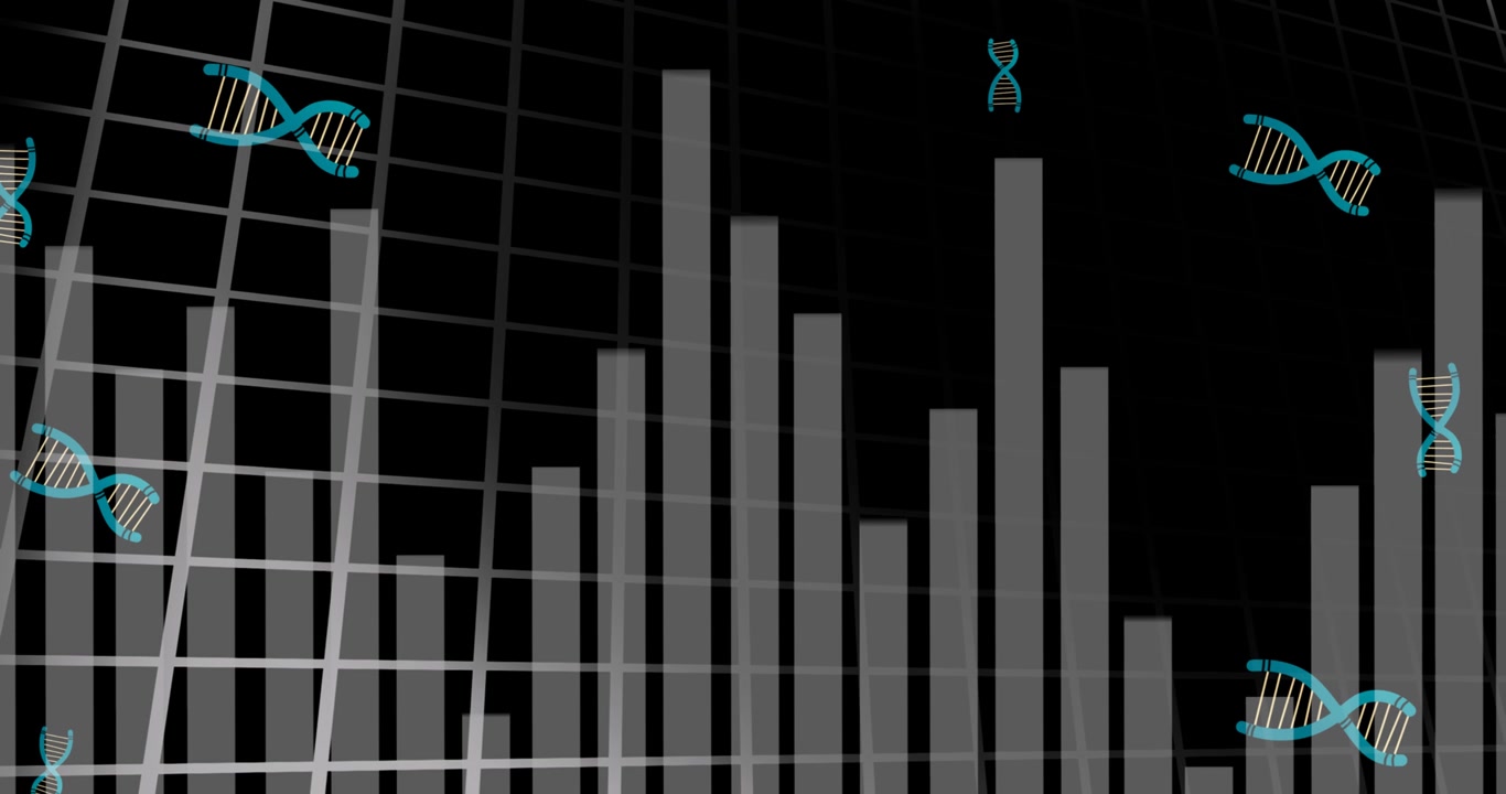Digital animation of multiple dna structures over statistical data processing on black background