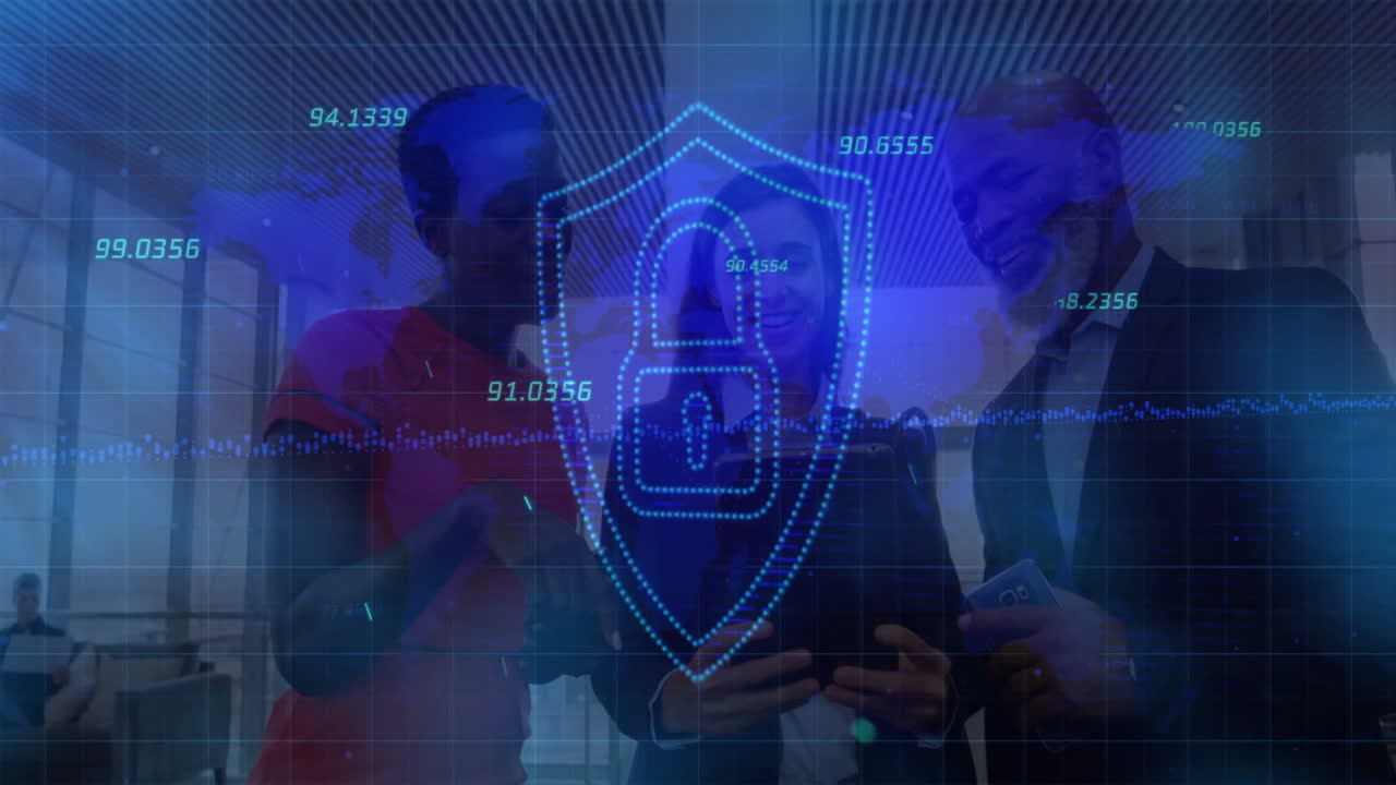 Discussing data on devices, business people with digital security shield animation
