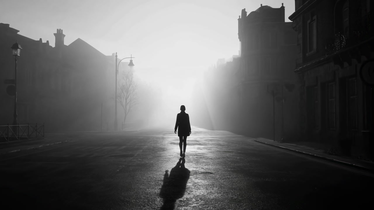 Foggy Street Dawn Silhouette Walking Unknown Race Commuter Along Deserted Urban Avenue With Dramatic