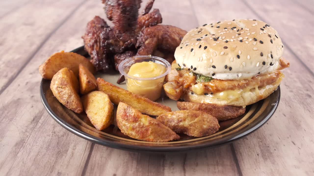 una deliciosa comida con alas de pollo, papas fritas y hamburguesa