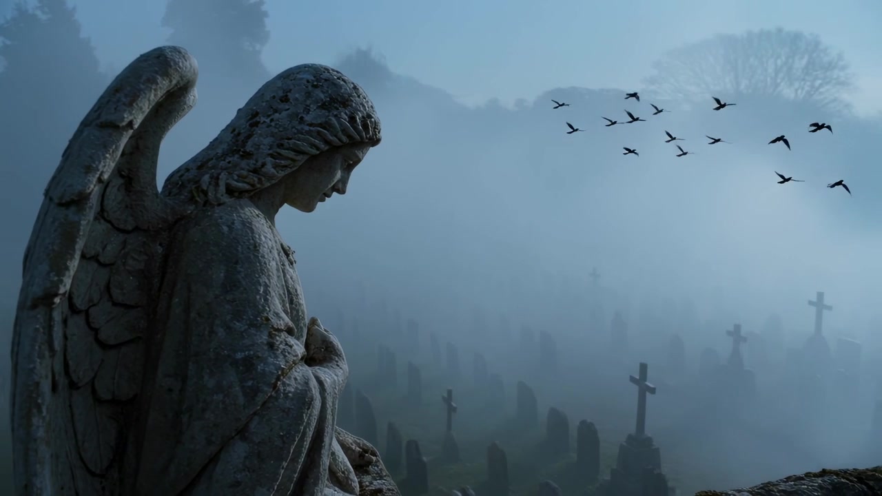 Stormo che appare da destra e vola attraverso un cimitero nebbioso, passando accanto a una statua di angelo in pietra, spazio per il testo.