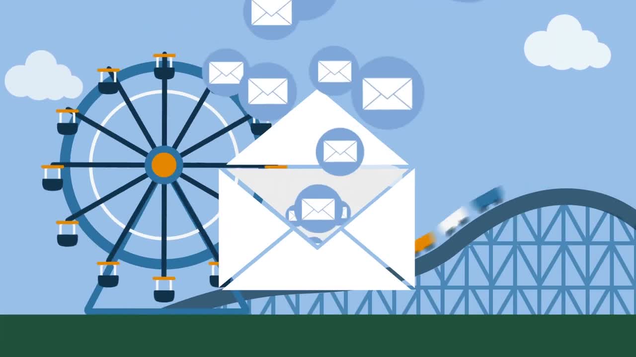 Animazione di icone di buste email che salgono da una busta, su un luna park.
