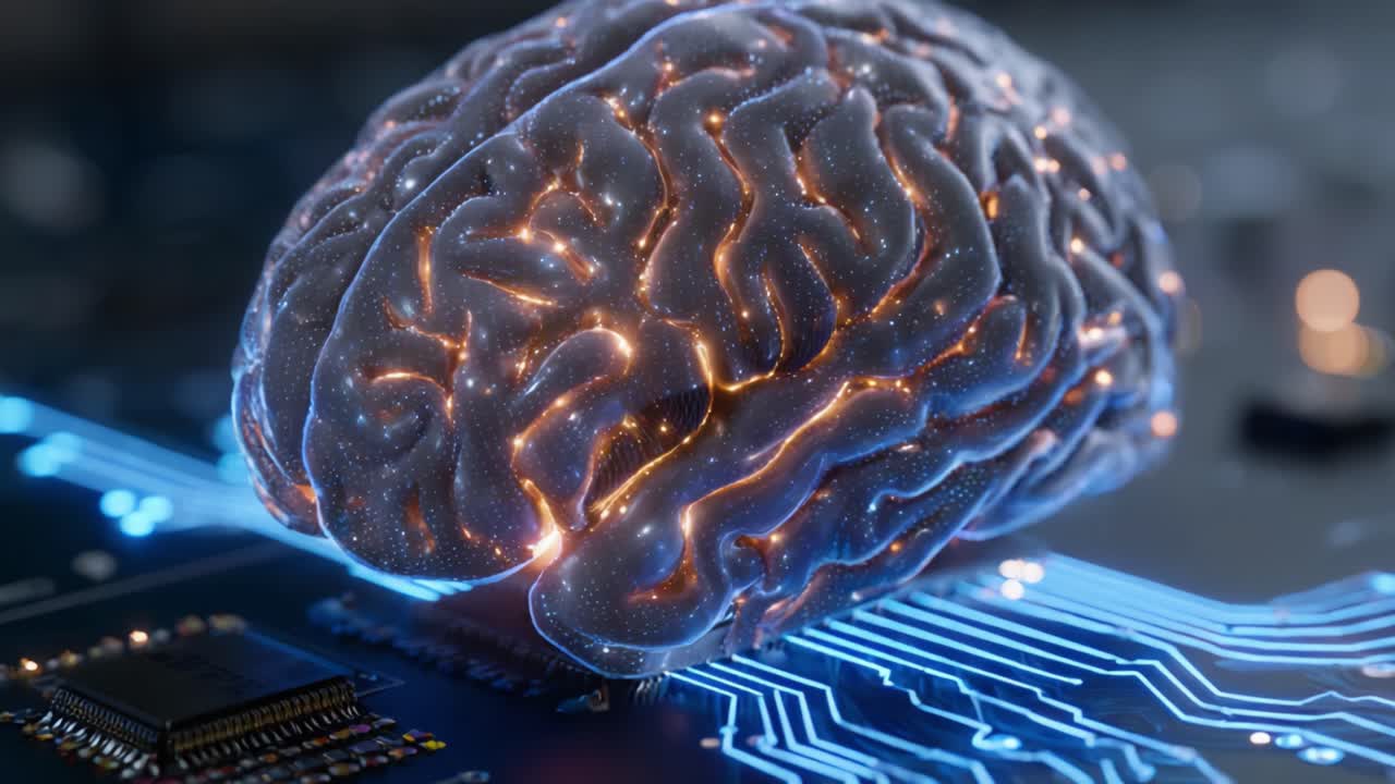 A Stunning Representation of a Brain Interfacing with Technology, Showcasing Neural Connections Lit Up by Digital Electricity on a Circuit Board