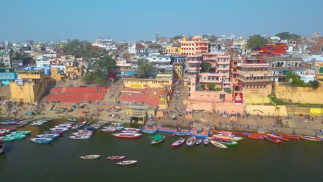 AERIAL-view-of-Dashashwamedh-Ghat,-Kashi-Vishwanath-Temple-and-Manikarnika-Ghat-Manikarnika-Mahashamshan-Ghat-Varanasi-India