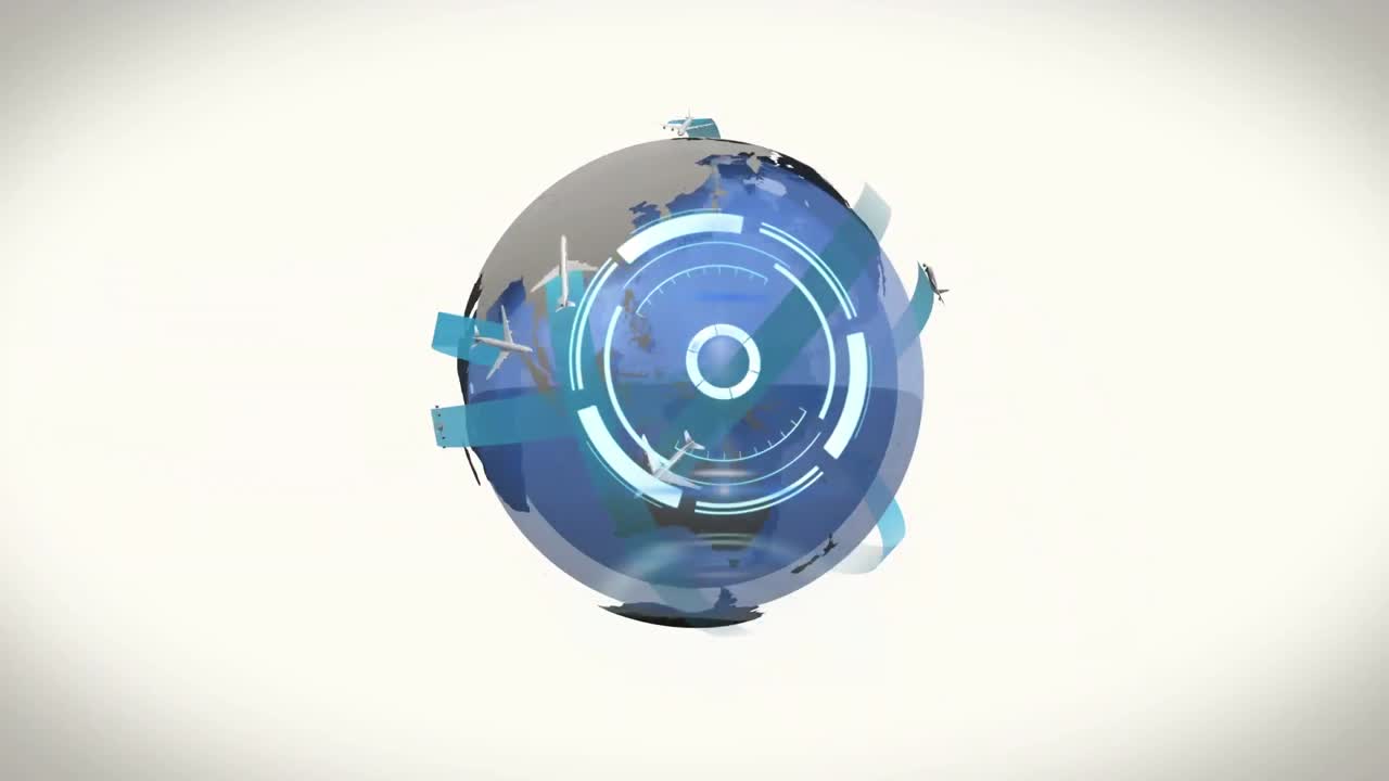 Animation of scope scanning over globe and shapes on white background