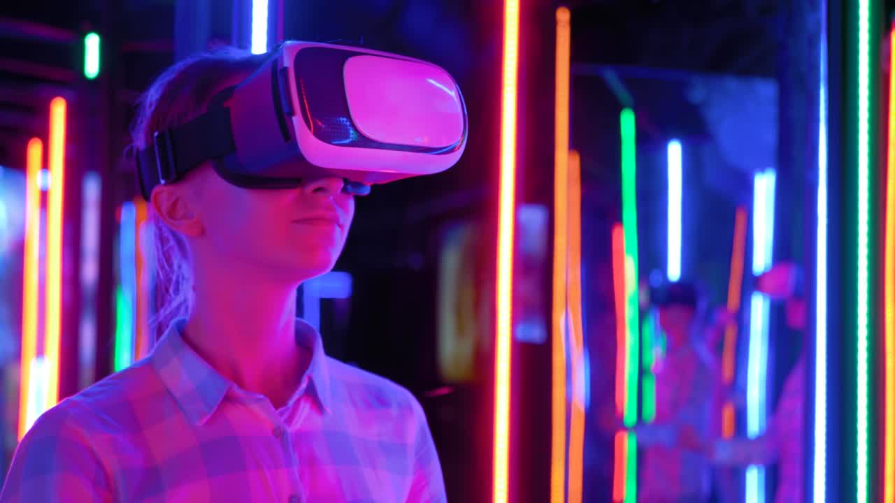 VR concept - woman using virtual reality headset at sci-fi exhibition