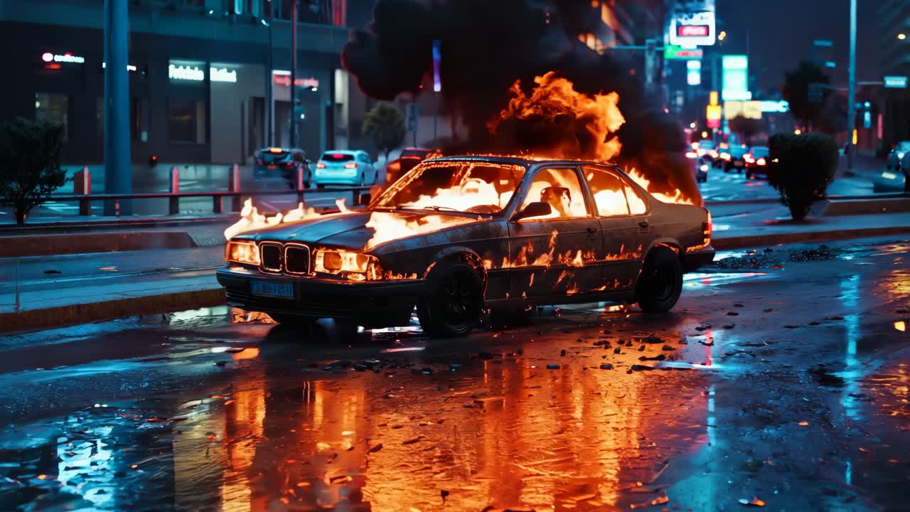 도시 거리의 한가운데에 불타는 차