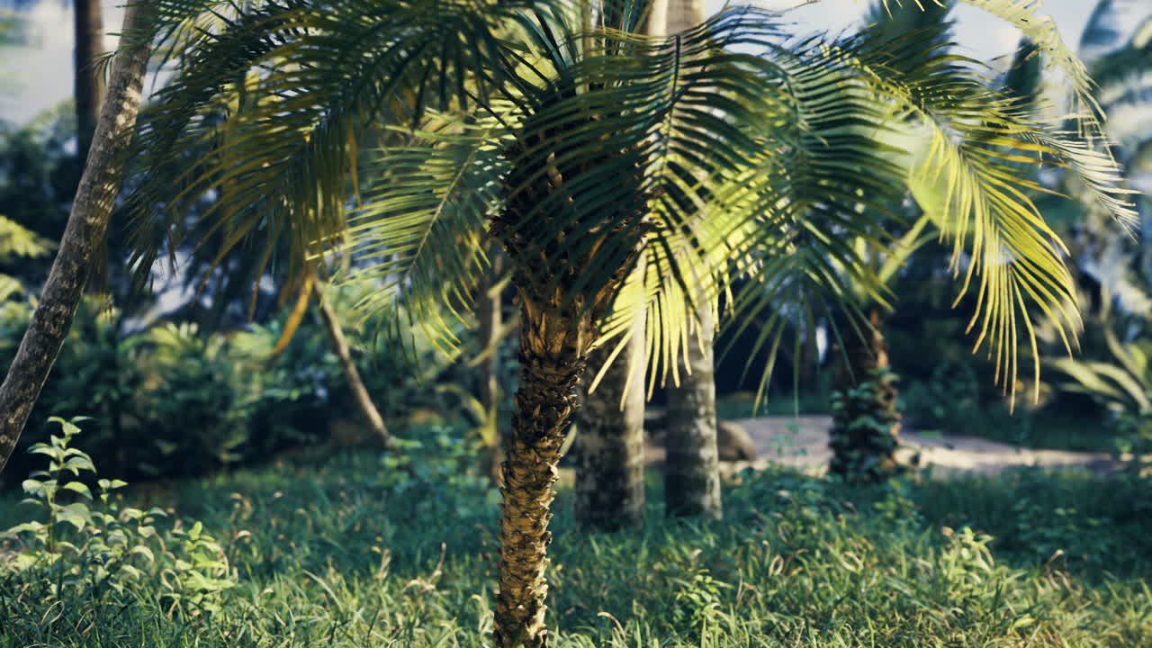 Tall palm tree in a vibrant tropical garden full of greenery