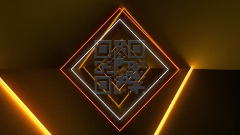 Animation-Von-Leuchtendem-QR-Code-über-Neongeometrischen-Formen