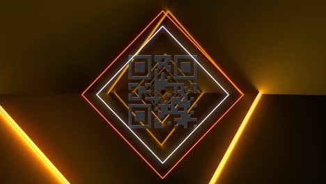 animación de un código qr brillante sobre formas geométricas de neón