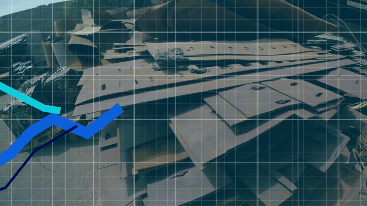 Grid and arrow animation over aerial view of modern architectural building