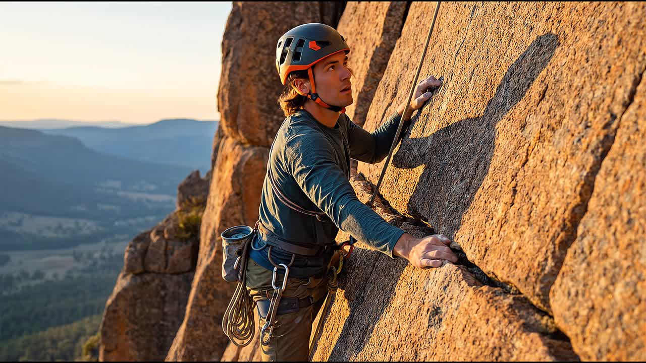 Young climber reaching across rock surface during ascent with rope secured against dramatic mountain backdrop