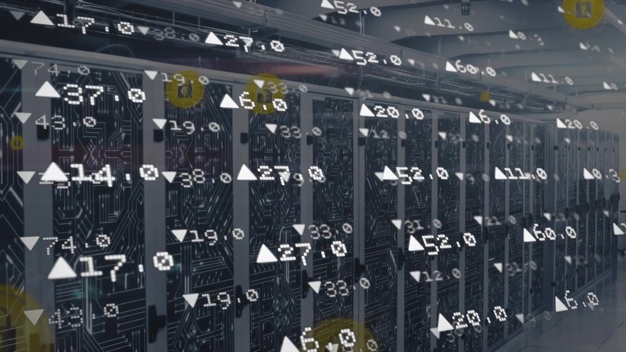 Animation of data processing and icons over server room