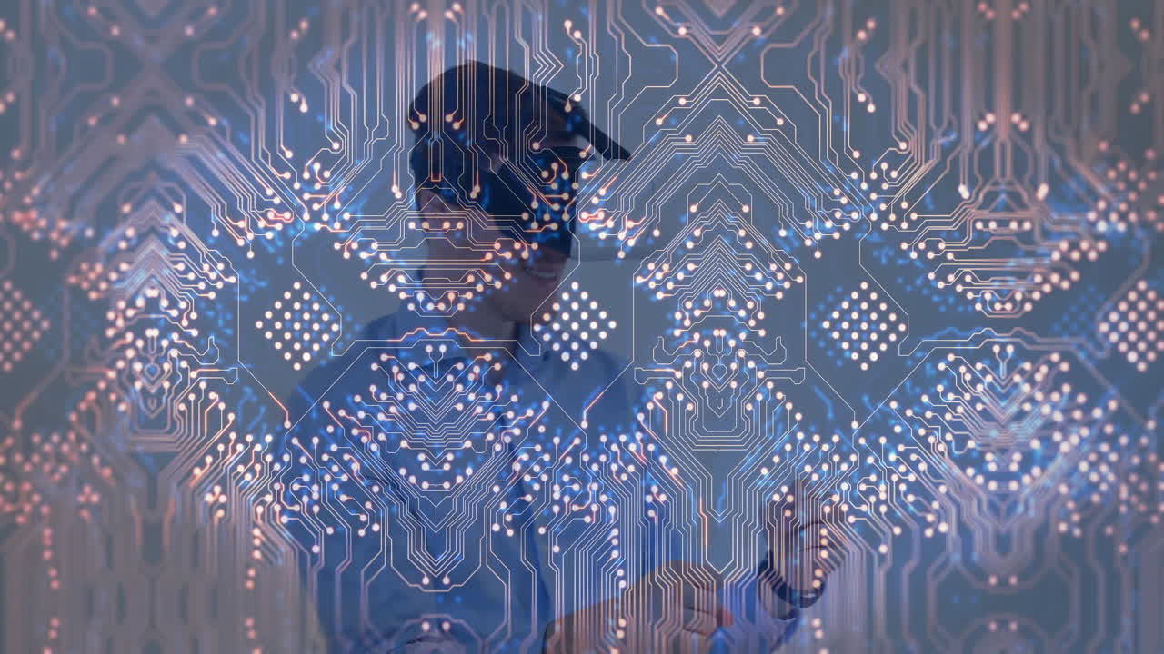 man wearing VR headset interacting in tech lab displaying holographic circuit board with lit nodes