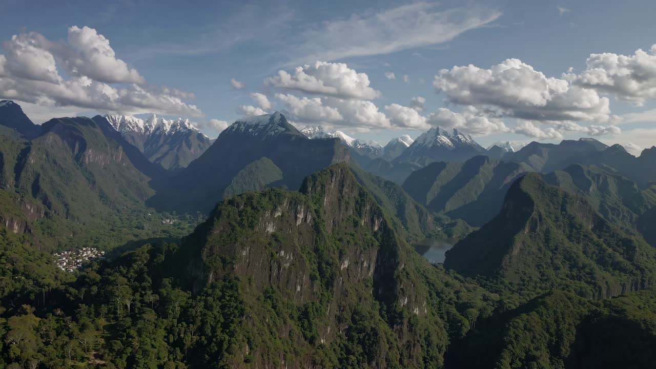 Aerial video view of lush green mountains with snow-capped peaks in the background under a cloudy