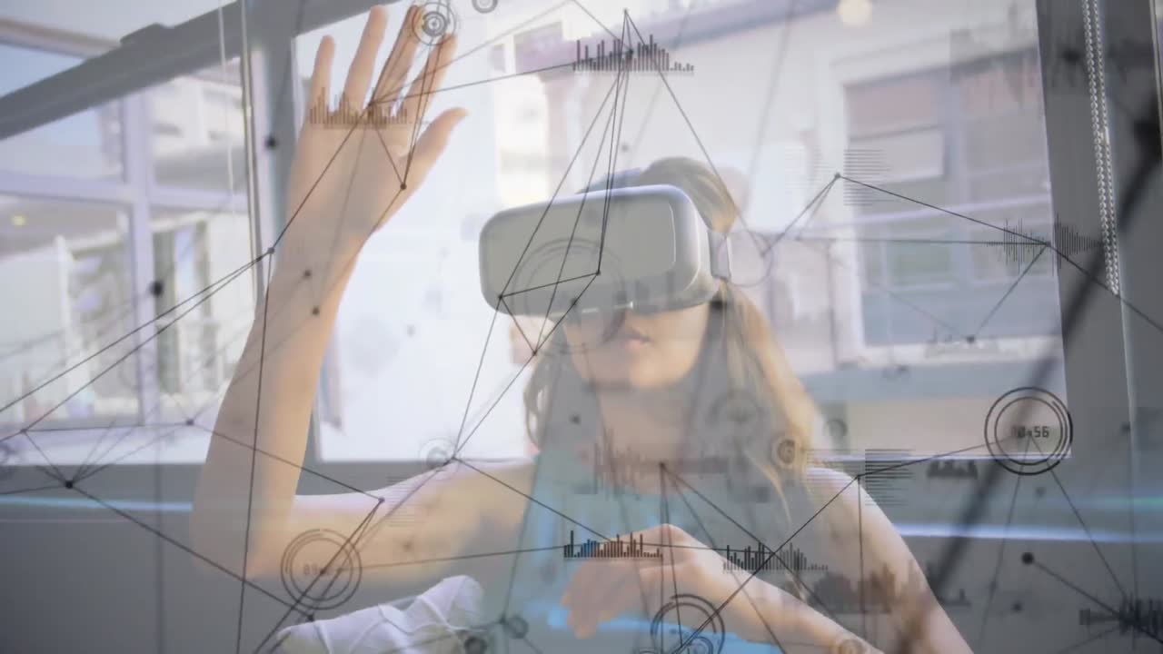 animación de la red de conexiones sobre la mujer que usa auriculares vr