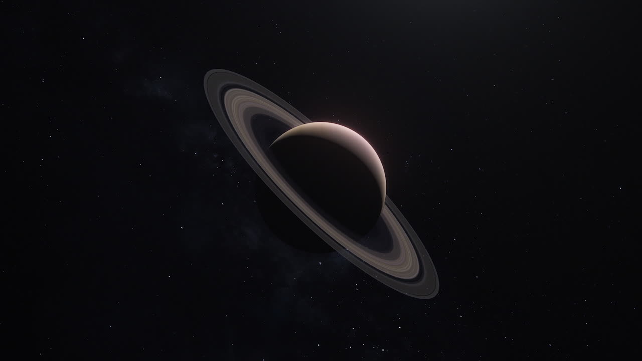 Planet Saturn going from Night to Day with Camera Rotating and Pushing with Sun Flare and Milky Way Background - Space Animation 4K