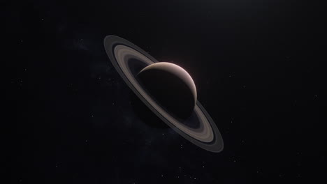 planet saturn going from night to day with camera rotating and pushing with sun flare and milky way background - space animation 4k