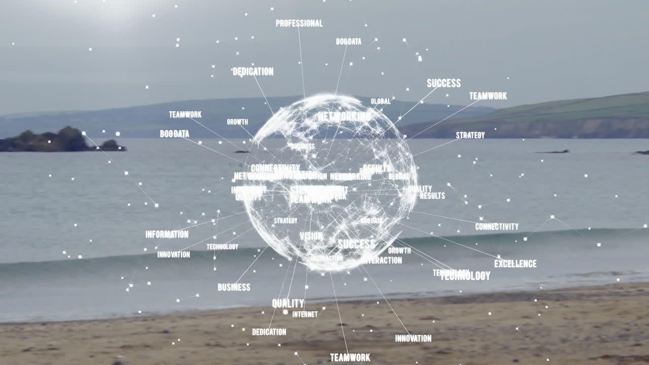 해변과 바다를 배경으로 전 세계에 걸쳐 애니메이션 비즈니스 키워드와 연결