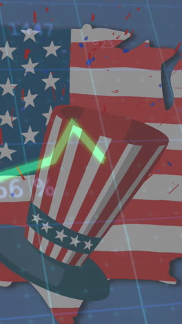 animación de la bandera estadounidense, el sombrero y el mapa con líneas y procesamiento estadístico
