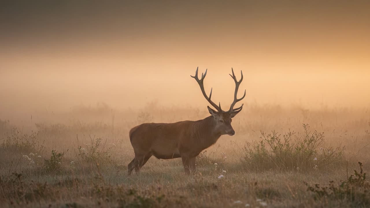 A Majestic Stag Walking Gracefully Through a Misty Meadow at Dawn, Capturing the Essence of Tranquility and Natural Beauty in its Serene Environment