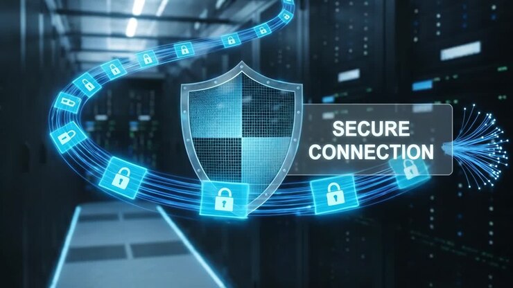 Secure Connection and Cybersecurity Concept in a Data Center