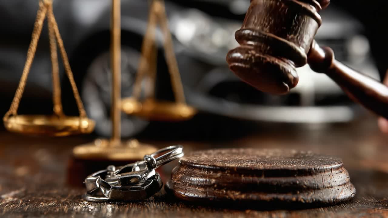 Giustizia in Azione: L'Intricata Relazione tra Legge, Ordine e Responsabilità Evidenziata in Questo Primo Piano di un Martelletto, una Bilancia e Accessori Legali