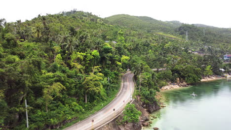 cinematic aerial shot of a street along the ocean with a forest in the back in cebu philippines, asia, drone