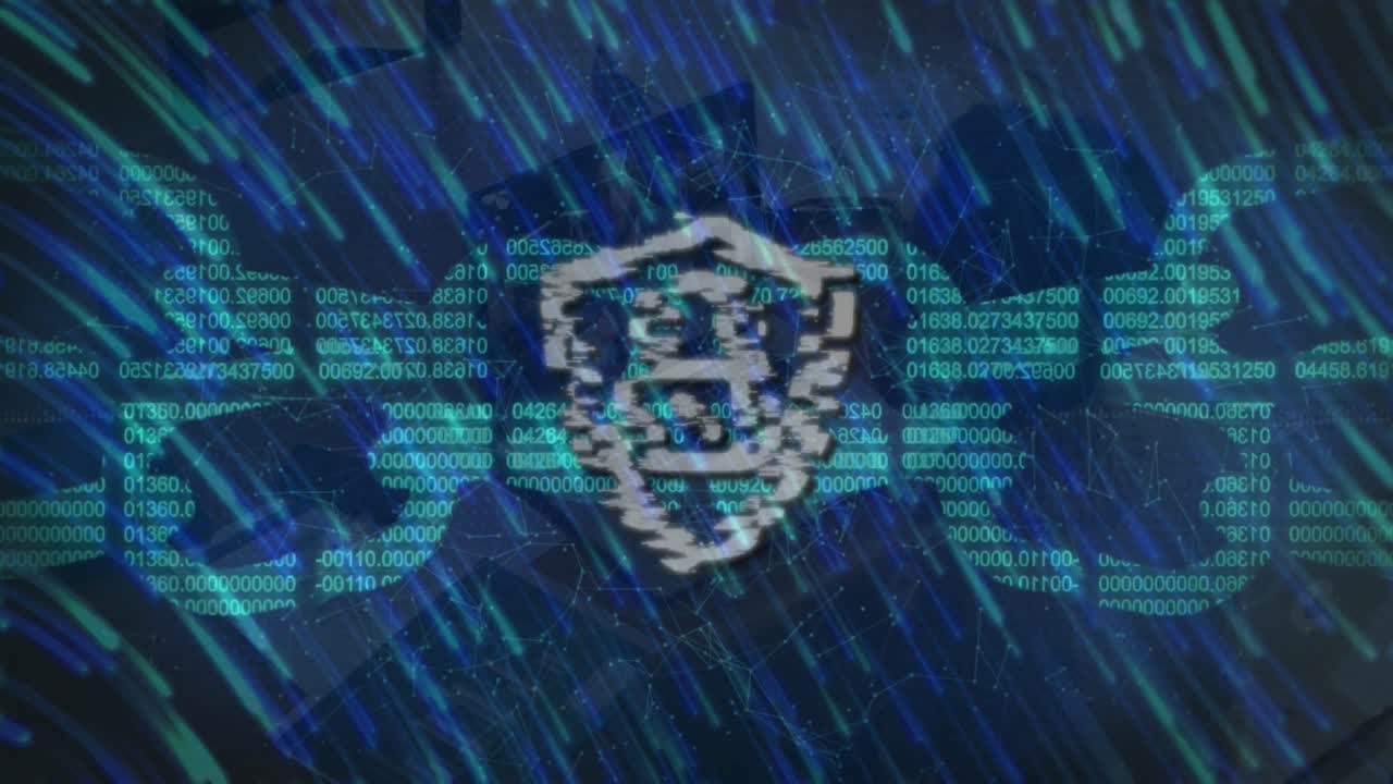 animación de procesamiento de datos y candado de seguridad sobre mujer usando computadora portátil