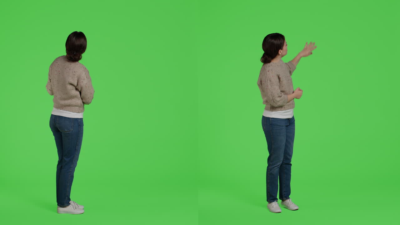 Mulher vestindo roupas casuais em tela verde