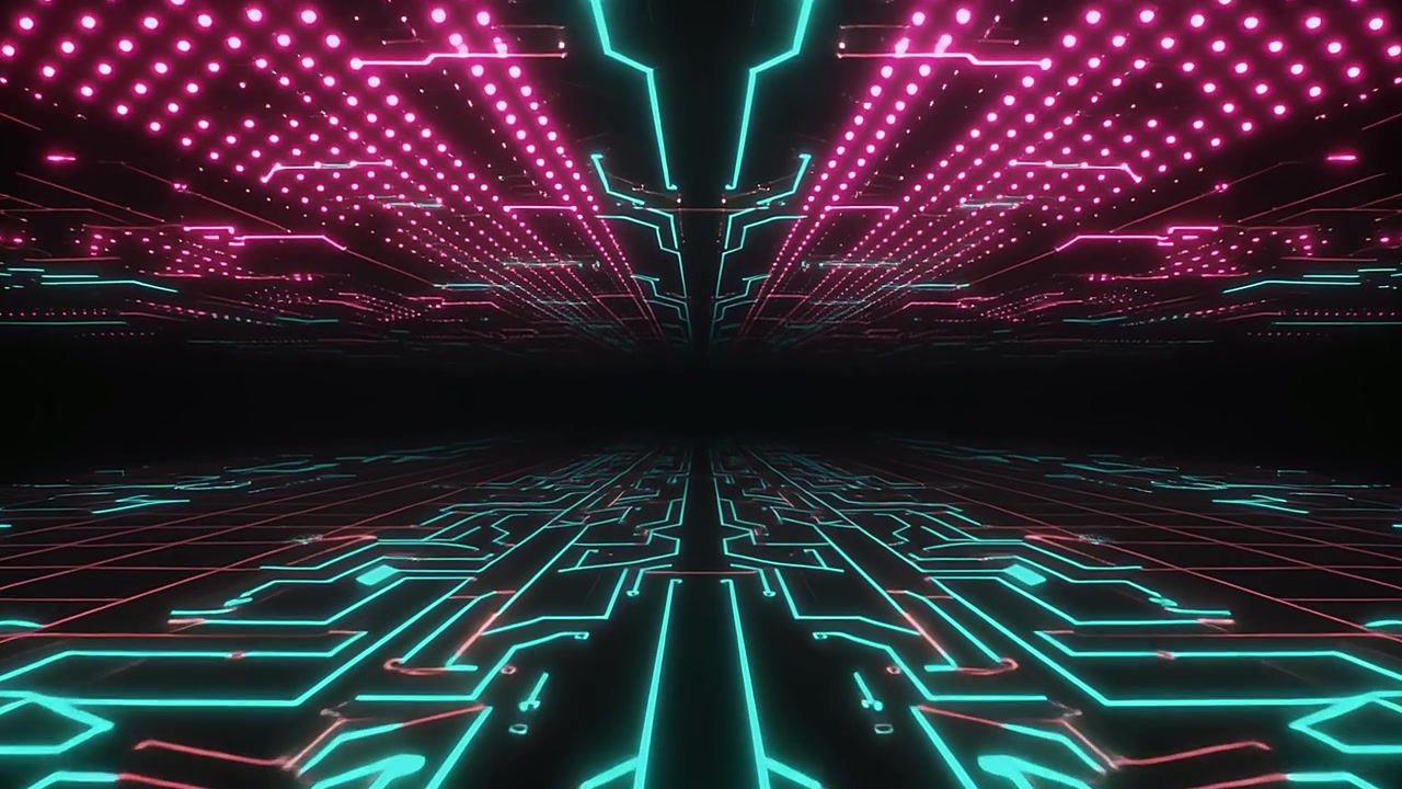 Abstract Tabella di circuiti digitali con linee al neon luminose